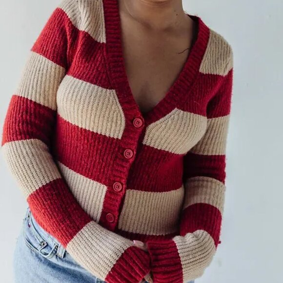 American Eagle Outfitters Sweaters - American Eagle Rugby Striped Cardigan Sweater Red XS